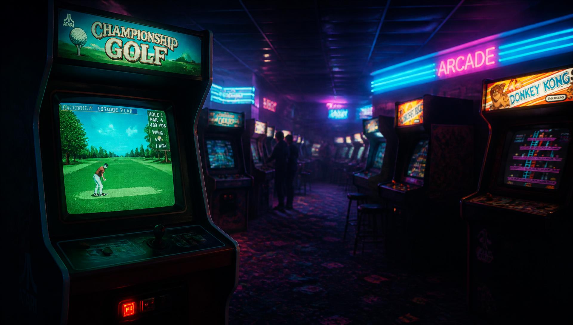 Neon-lit 1980s arcade with a golf arcade cabinet glowing in the foreground